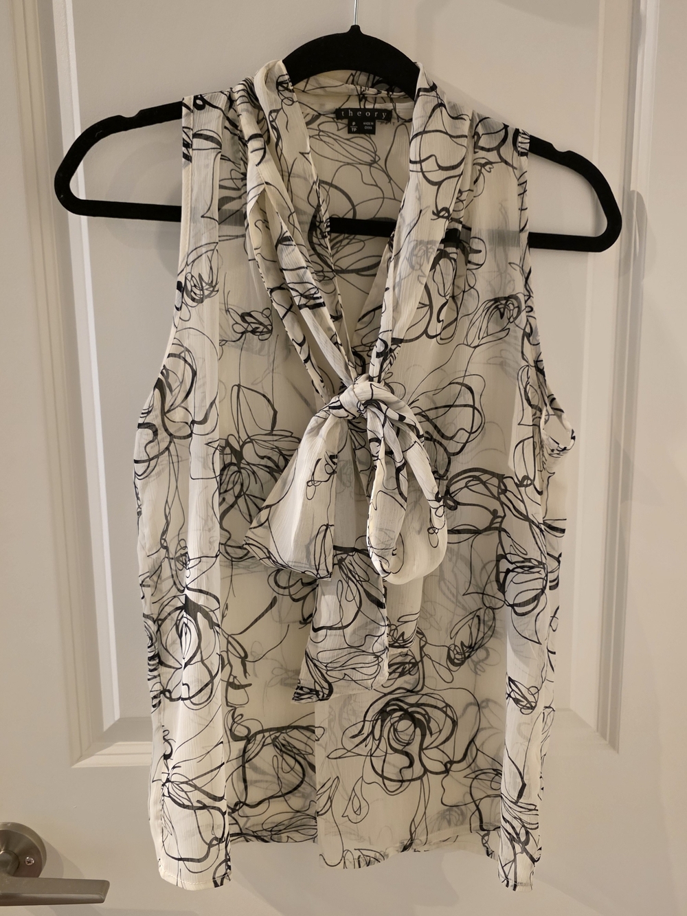 Theory White and Black Floral Tie-Neck Sleeveless Top